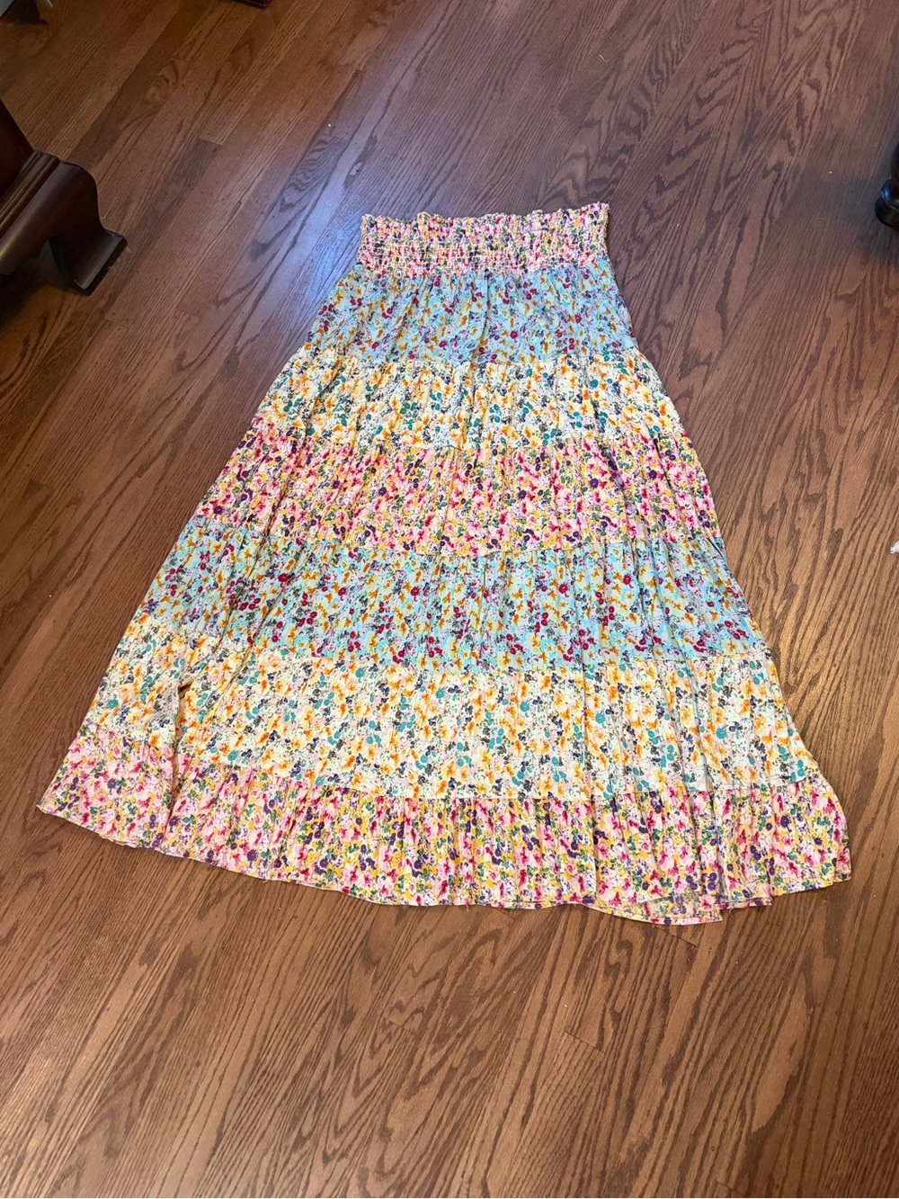 Angie Floral Tiered Maxi Skirt in Blue, Yellow & Pink
